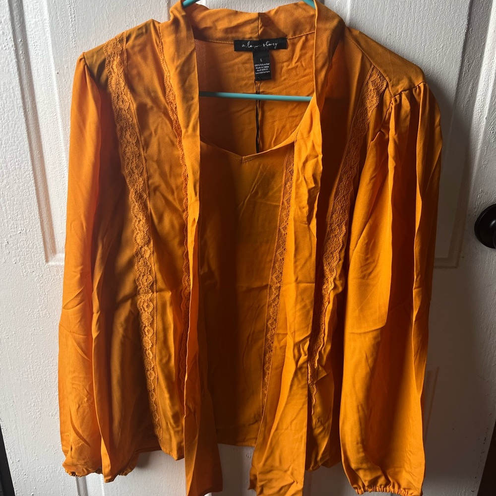 Mustard Orange Lace-Trim Blouse
